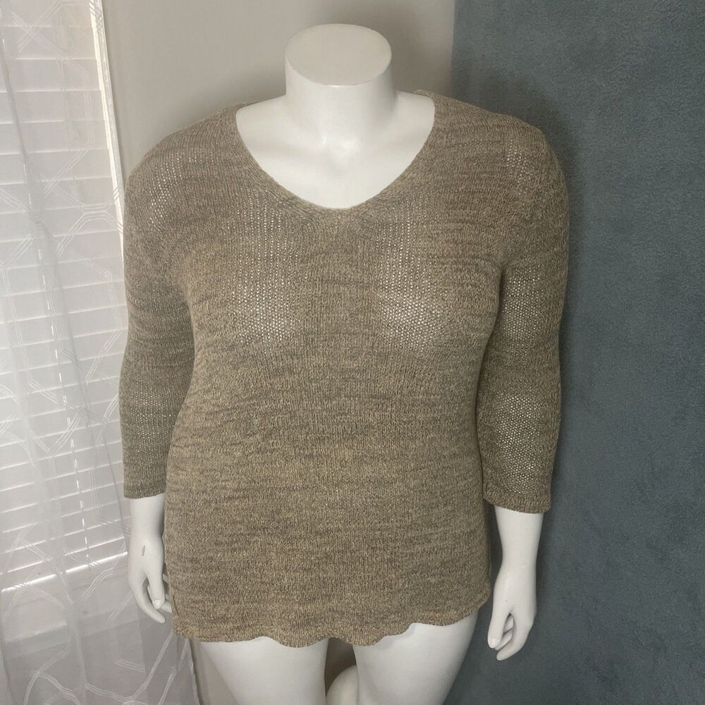 August Silk Womens Sweater 1X Tan Metallic Knit V-Neck 3/4 Sleeve Stretch Office